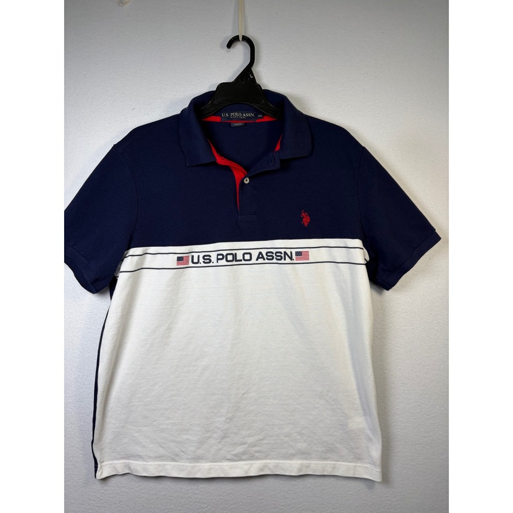 U.S. Polo Assn. Polo Shirt Mens XXL Blue White Excellent Colorblock Flag Logo